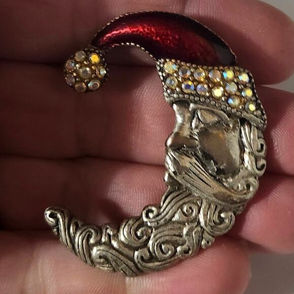 Vtg TC Tanya Creations Pewter Enamel Rhinestone Santa Crescent Moon Pin Brooch - Picture 2 of 3